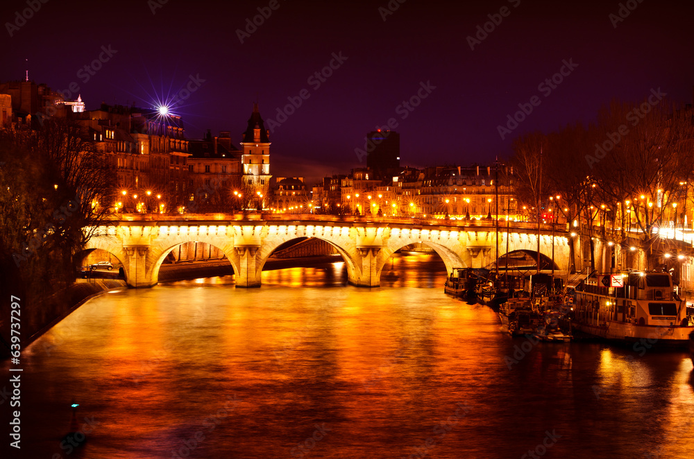 River Seine and Pont Neuf bridge at Night, Parius, France