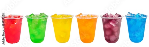 Different of delicious colourful drinks in transparent plastic glass isolated on white background with clipping path. Coloured refreshing cold drinks, colorful summer drinks.