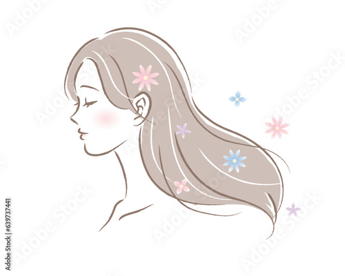 お花とロングヘアの女性の横顔のイラスト
