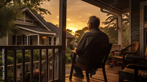Evening Reflection: An image of a retiree gazing at a sunset from their porch © siripimon2525