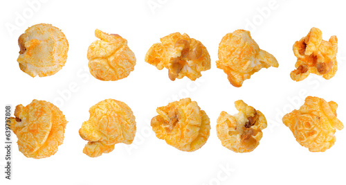Set of multiple different foreshortenings popcorn cheese snack on a white background with clipping path. Delicious cheese popcorn