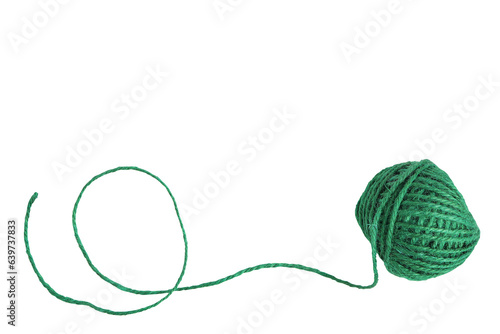 Natural green jute twine skein isolated on white background with clipping path. String, yarn ball, Hemp rope ball