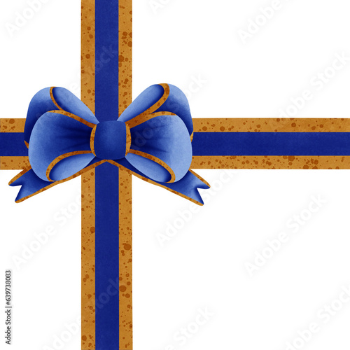 Blue ribbon bow with gold stripes isolated on transparent background 