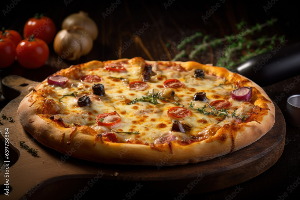 Fresh and delicious Margherita pizza with crispy thin crust, topped with mozzarella cheese, sliced with sharp pizza cutter. Perfect for vegetarians or meat lovers. AI Generative.