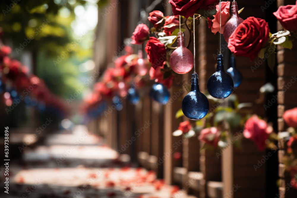 Decorated archway with red roses and blue glass vases