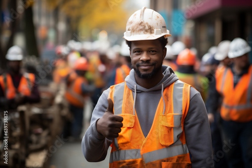 Portrait of african american worker showing thumbs up on construction site