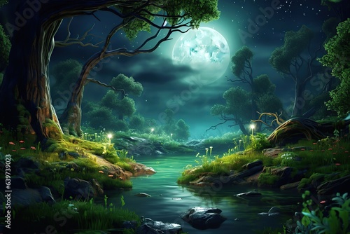 Mysterious night forest landscape. Ai art