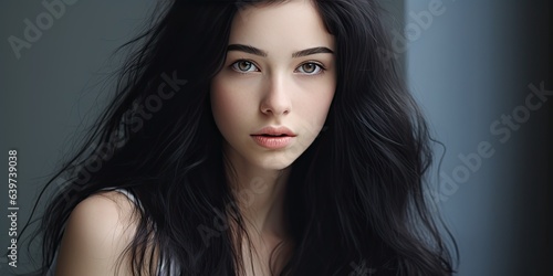 illustration of young woman, black hair, puffy cheeks, blue eyes, generative AI