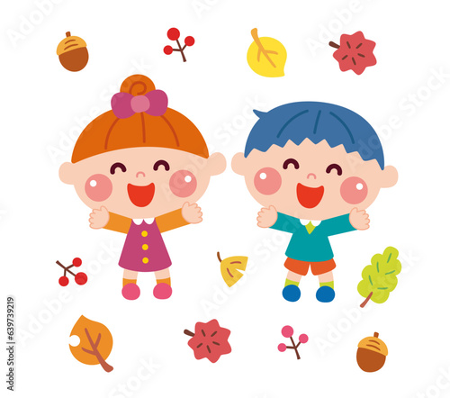 落ち葉と子どもたちのイラスト