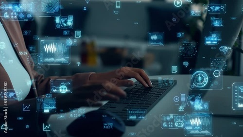 Young black woman working in office and digital data concept. Digital transformation. Management strategy.