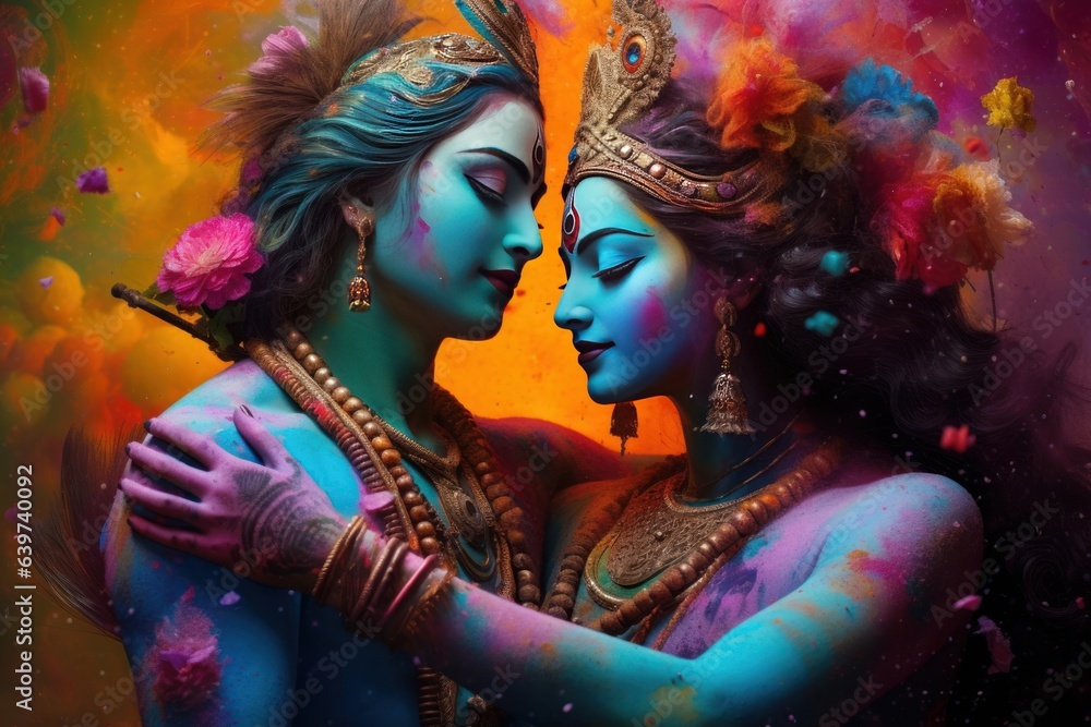 Hindu Devine couple Krishna and Radha in Holi festival concept. Generative AI - obrazy, fototapety, plakaty 