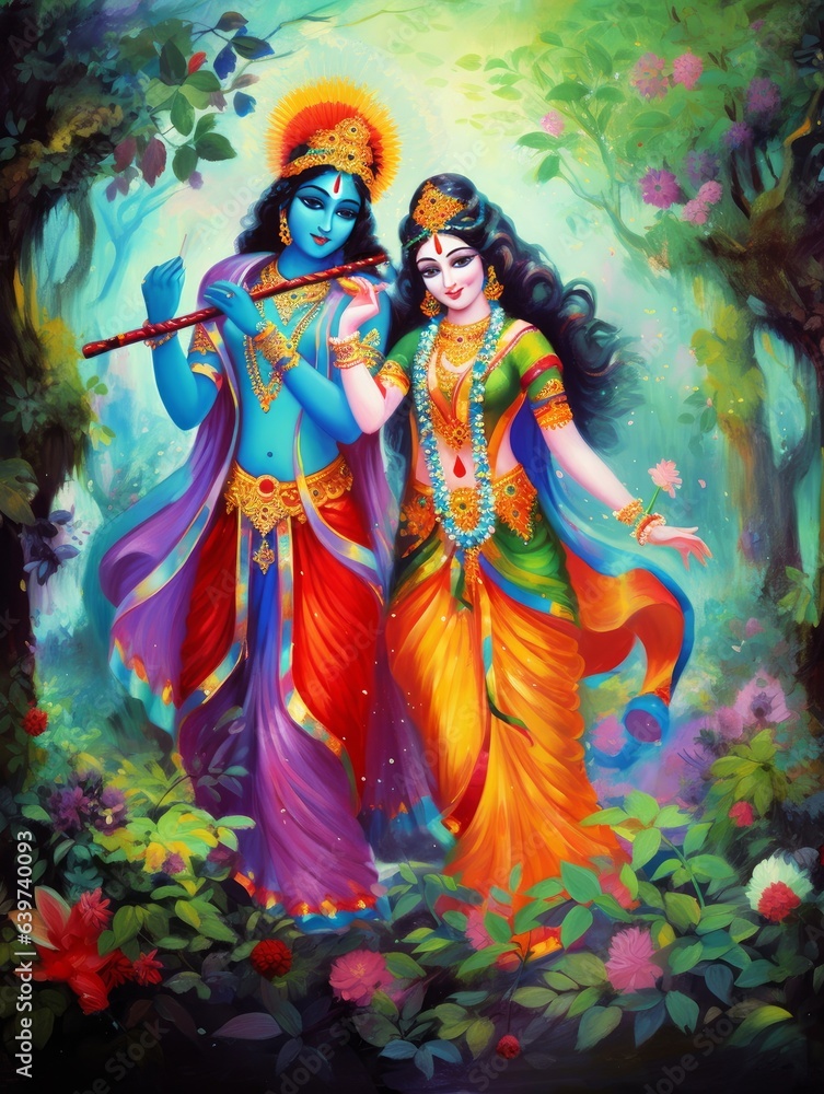 Fototapeta premium Radha Krishna, Lord Krishna, Radha Krishna Painting with colorful background, Radha Krishna Indian god Krishna Love symbol, Radha Krishna Holi, Radha, Krishana, Generative AI