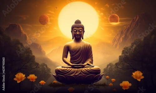 Lord Buddha in meditation for Buddhist festival of Happy Buddha Purnima Vesak, Generative AI