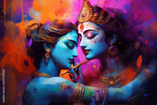 Hindu Devine couple Krishna and Radha in Holi festival concept. Generative AI © Raool