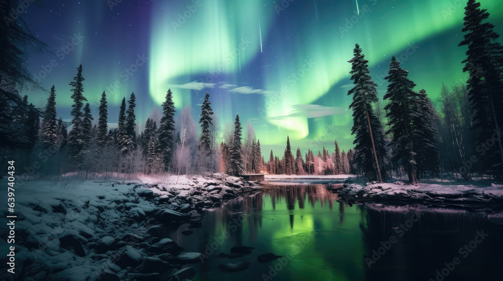 Northern lights in the night sky above the lake in winter forest.