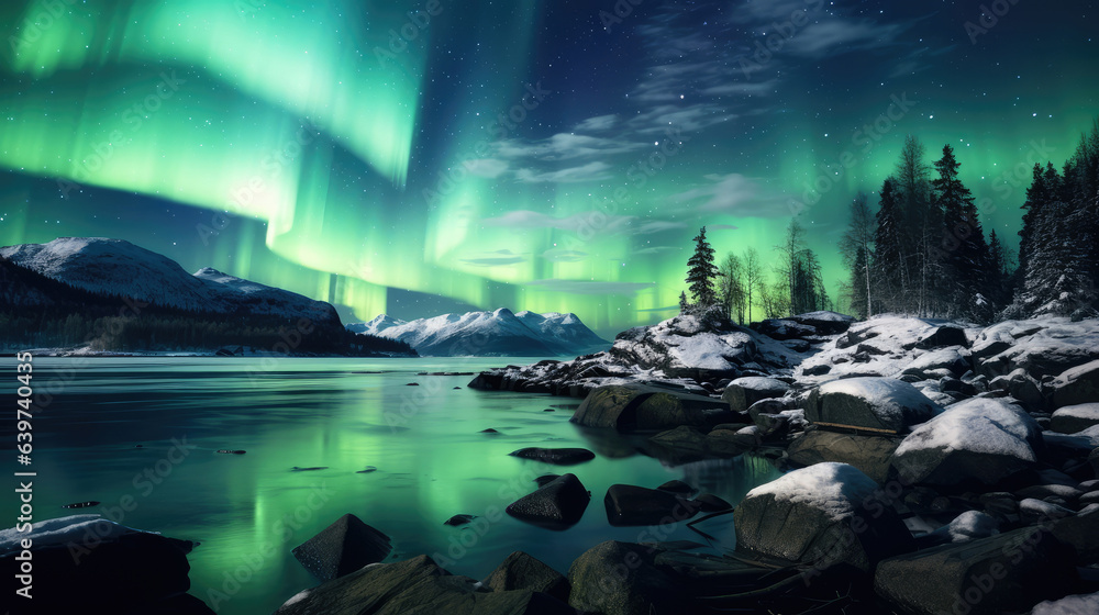 Aurora borealis, northern lights over lake in winter. Christmas winter background.
