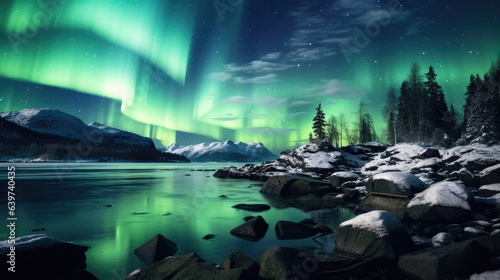 Aurora borealis, northern lights over lake in winter. Christmas winter background. © Tida