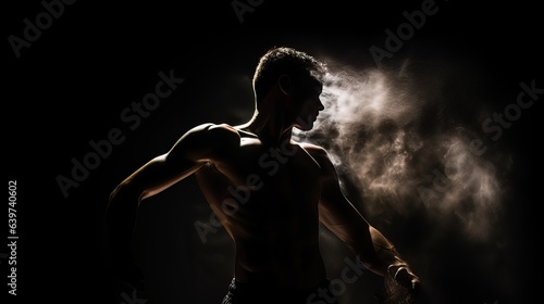 Dramatic portrait of Athletic man on dark background. Martial arts athlete, AI