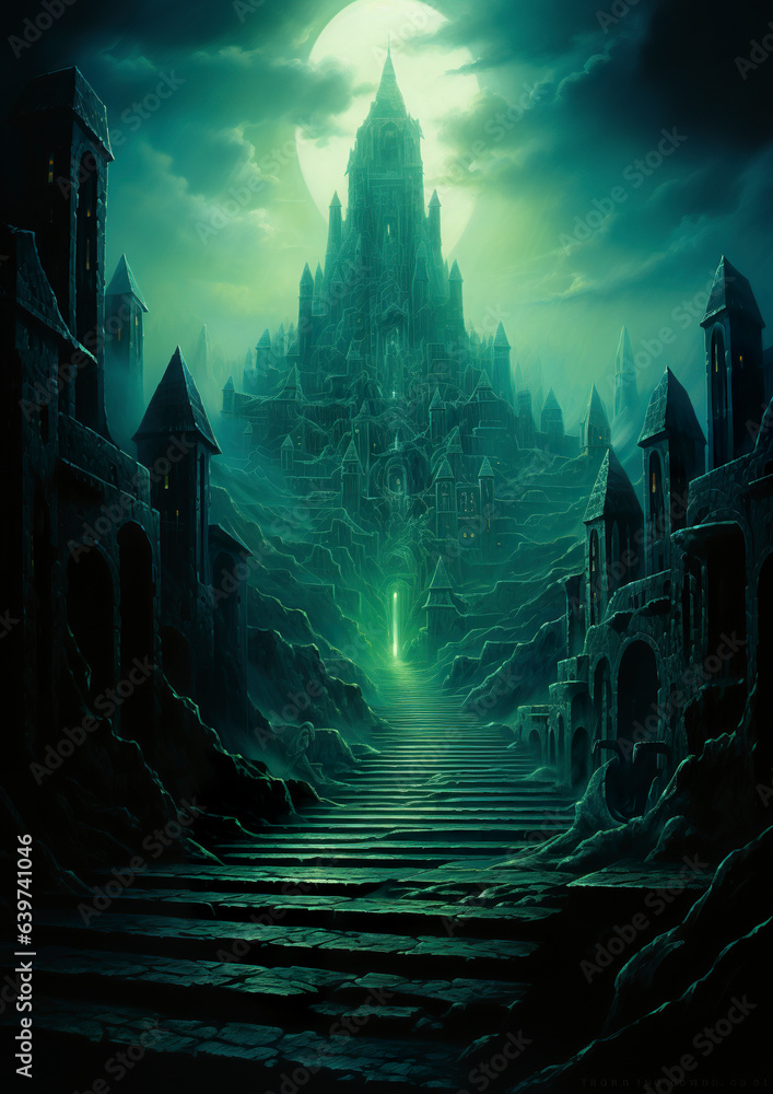 Obraz premium Illustration of a path to a citadel of eternities. Passage to eternity in lost city. Steps of a walk to eternity in an unknown place.