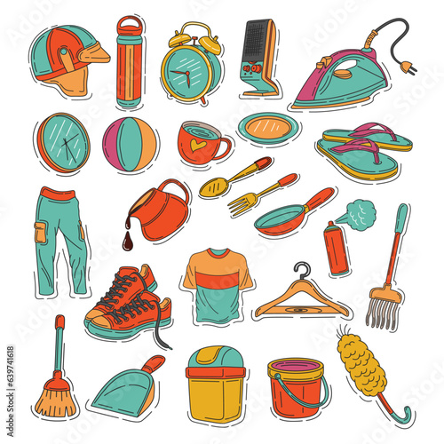 Retro stuff color seamless flat icon pattern. Trend pictogram set. Vector trend background.