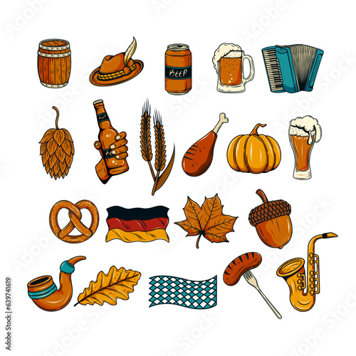 Oktoberfest Beer Festival icons set. Lederhosen, gingerbread, accordion, beer, grilled sausage on fork, smoking pipe and ets. Vector illustration.
