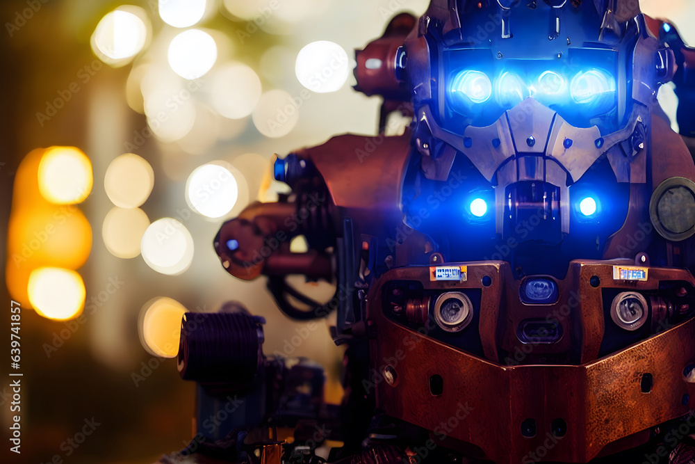 Ai generated portrait photo of a Military robot war machine with neon glow energy light. Future robot concept.  blur and bokeh smokey  background.