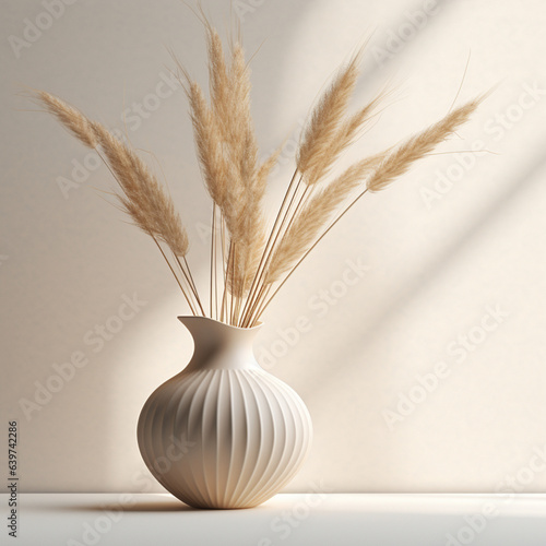 A vase full of dry prairie grass on a white surface