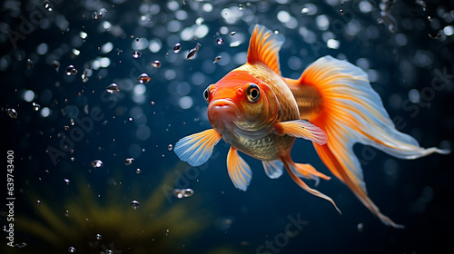 Goldfish in aquarium with green plants, and stones