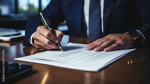Man in classic suit puts signature on paper sheet making important decision in company photo