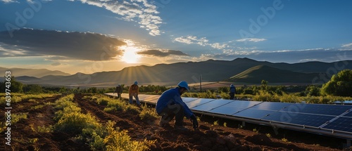 An engineer is putting in a solar panel at a solar energy farm..
