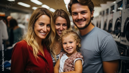 In a laundromat, a family with a child and a pregnant wife.