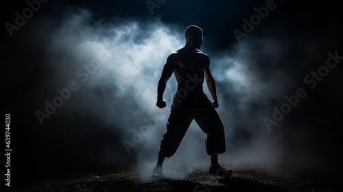 Athletic strong man on dark background. Martial arts athlete, AI