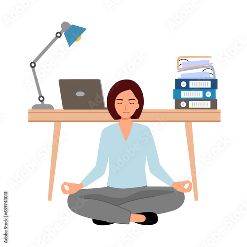 Businesswoman office worker doing yoga meditation in office. Work stress management concept.
