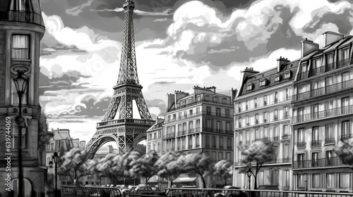 Iconic sights of Paris  Eiffel Tower. Fantasy concept   Illustration painting.