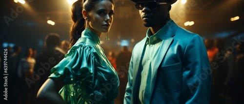 Hip-hop dancers dressed stylishly in vibrant hues perform at a dance club lit by neon signs..