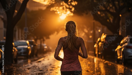 running on the street at sunrise.