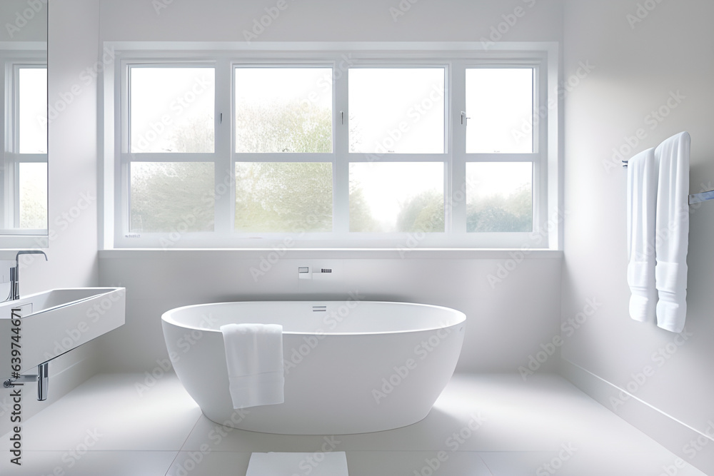 Bathroom interior design with white bathtub and tap against window in daylight Bathroom interior design with white bathtub and tap against window in daylight
