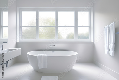 Bathroom interior design with white bathtub and tap against window in daylight