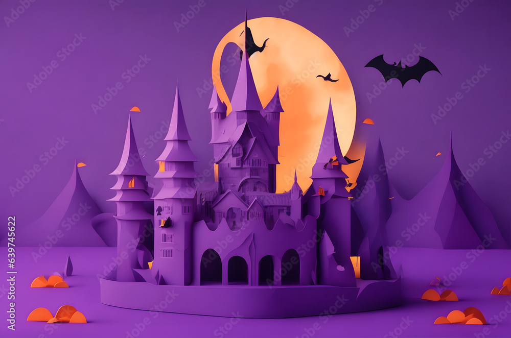 purple halloween castle on a podium paper art style ai generated background