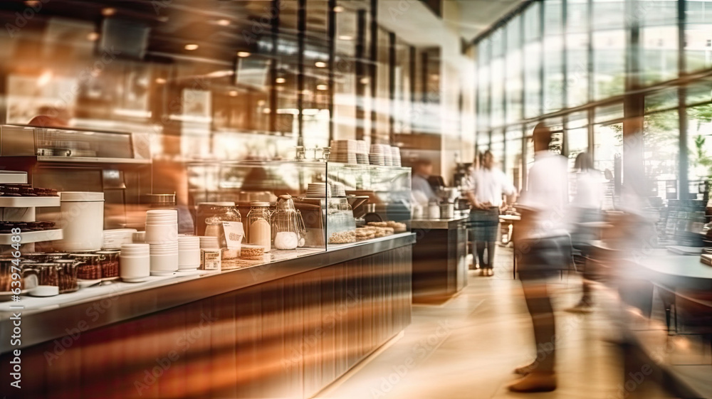 Blurred customers walking fast move ment in coffee shop or cafe restaurant.generative ai