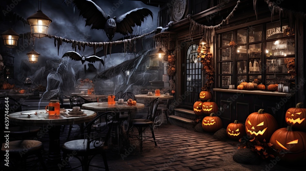 Coffee shop transformed into a Halloween haven with enchanting decorations. A treat for the senses.