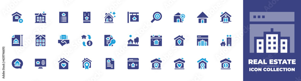 Real estate icon collection. Duotone color. Vector and transparent illustration. Containing house, house for sale, real estate, document, online shopping, home, development, deal, and more.