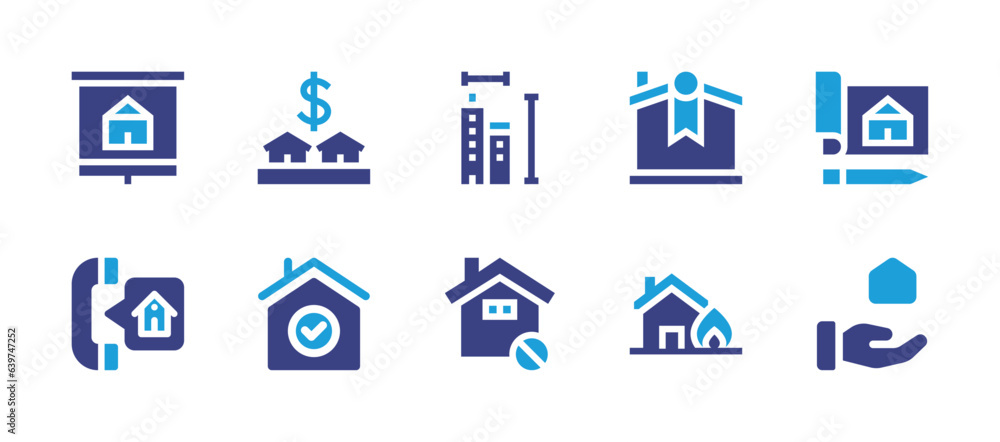 Real estate icon set. Duotone color. Vector illustration. Containing property, support, buy, building, check mark, house, blueprint, fire, mortgage.