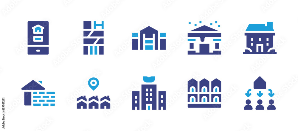 Real estate icon set. Duotone color. Vector illustration. Containing house, inheritance, real estate, building, home, green city.
