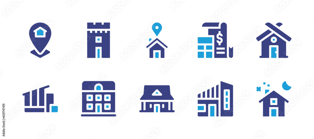 Real estate icon set. Duotone color. Vector illustration. Containing location pin, property, house, ranch, modern house, home, tower, location.