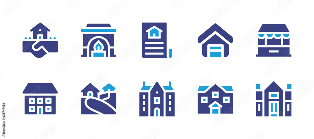 Real estate icon set. Duotone color. Vector illustration. Containing document, home, kiosk, mansion, country house, deal, house, fireplace, village.