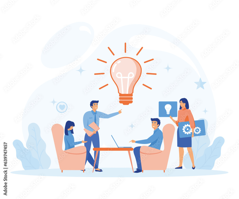 Innovation, improving career, business start concept. characters searching for new ideas and decisions rising career to success. flat vector modern illustration Innovation, improving career, business start concept. characters searching for new ideas and decisions rising career to success. flat vector modern illustration