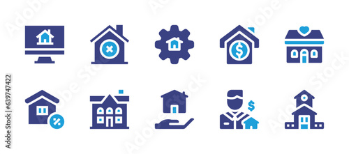 Real estate icon set. Duotone color. Vector illustration. Containing development, investment, house, broker, search, discard.