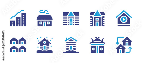 Real estate icon set. Duotone color. Vector illustration. Containing house, exchange, real estate, cottage, wooden house, wood house.