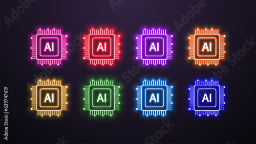 A set of neon icons of AI chips in the colors blue, green, orange, yellow, red, purple and pink.